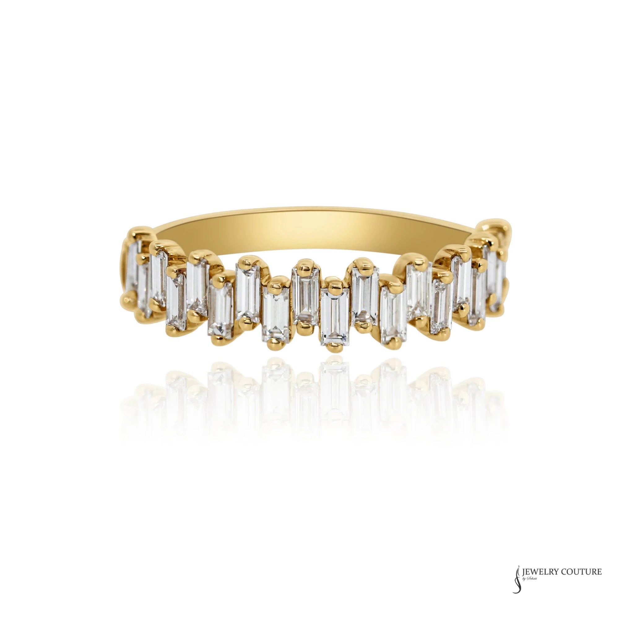 14K yellow gold baguette diamond band, 0.81 ctw staggered baguette diamonds, front view