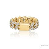 14K gold diamond Cuban link ring showing polished gold bar and high-polish links