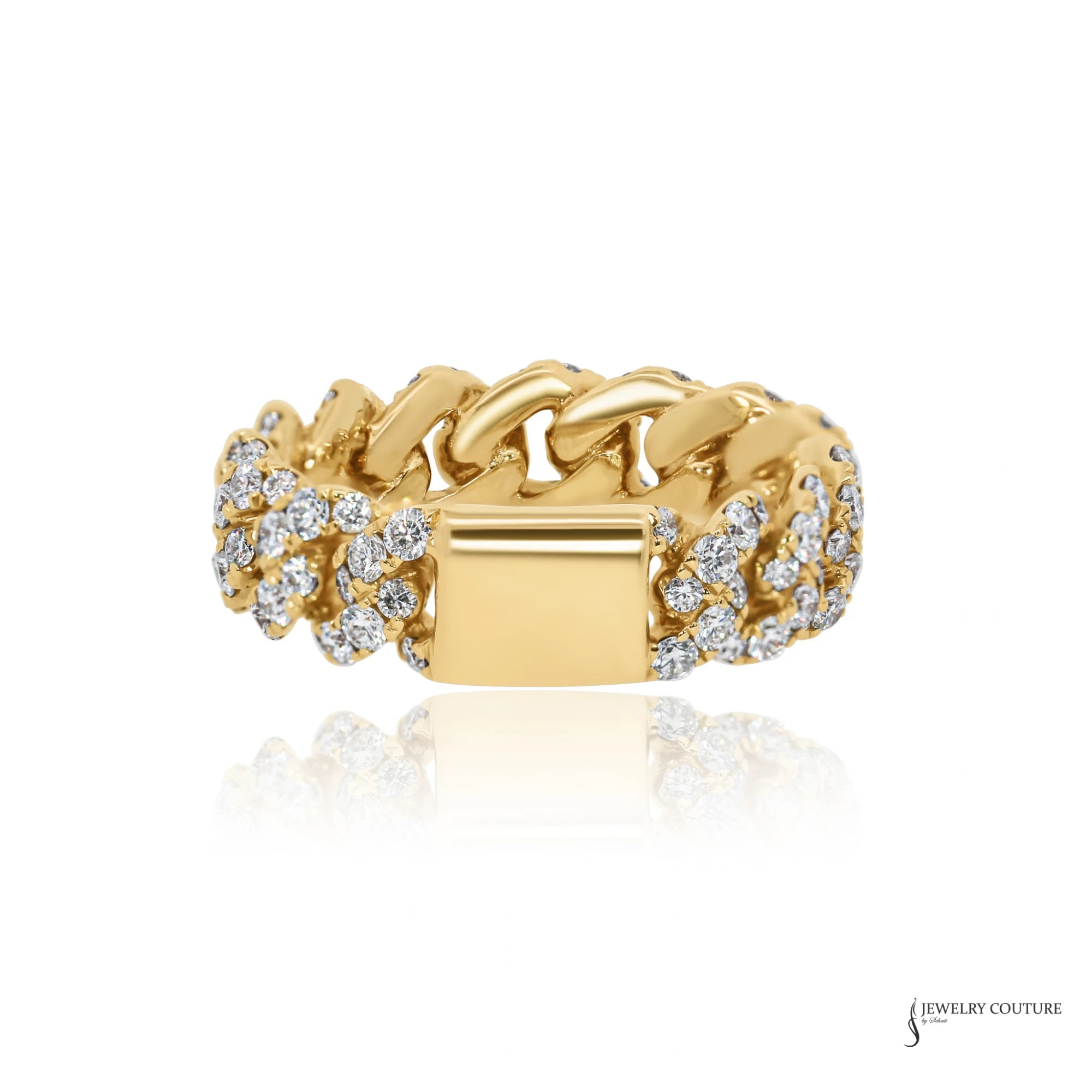 14K gold diamond Cuban link ring showing polished gold bar and high-polish links