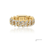 14K yellow gold diamond Cuban link ring with pavé diamonds across the links and 14K 585 stamp inside, front view