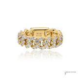 14K yellow gold diamond Cuban link ring with pavé diamonds across the links and 14K 585 stamp inside, front view