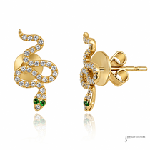 14K yellow gold diamond snake stud earrings with tsavorite eyes, front and side view