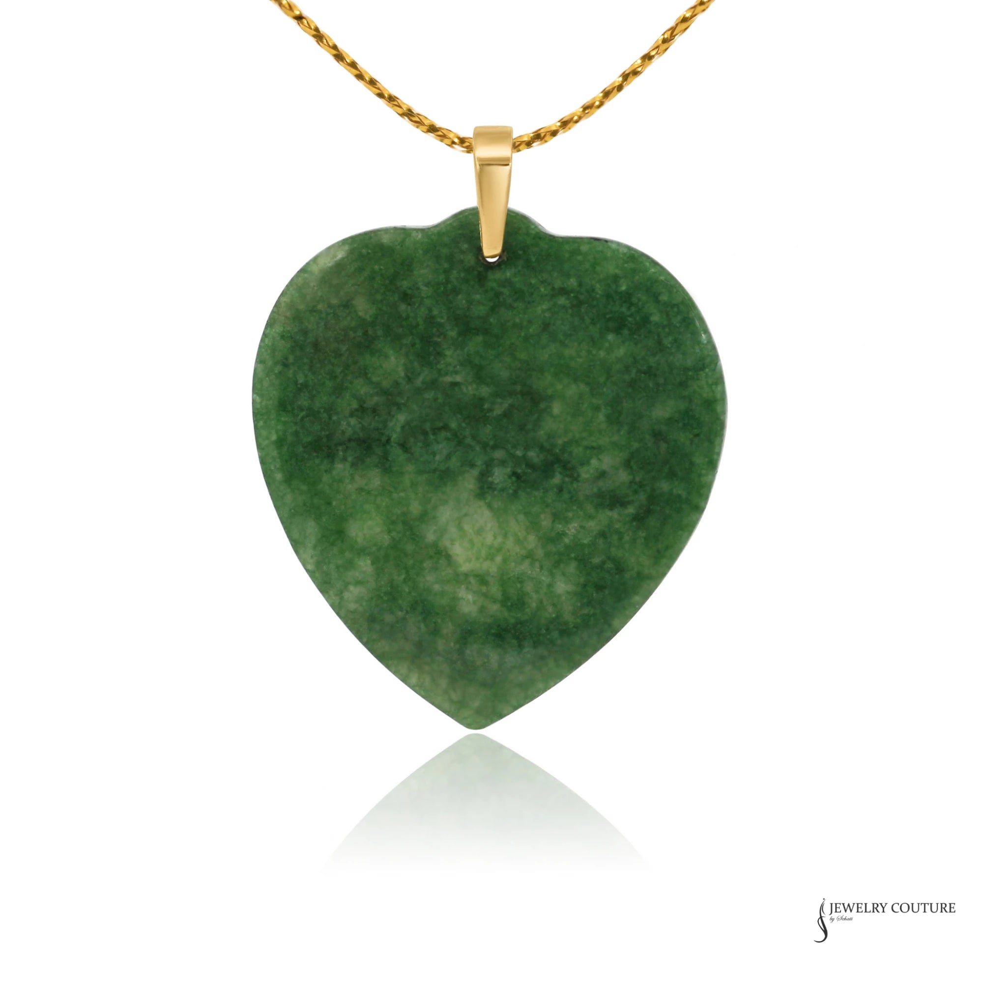 Green jade heart pendant with polished 14K yellow gold bail, front view