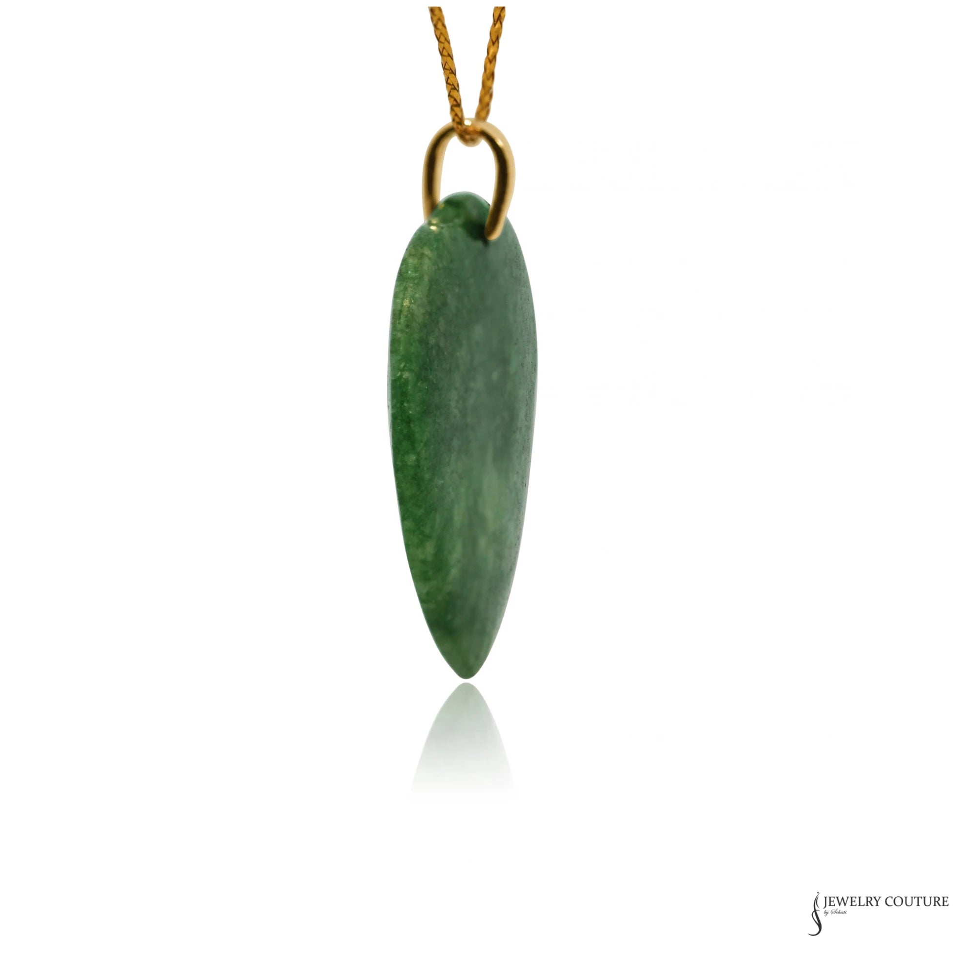 Green jade heart pendant side profile showing smooth tapered edge and 14K gold bail