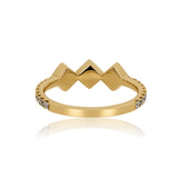 Back of three stone diamond band showing polished geometric gold frames and slim 14K yellow gold shank