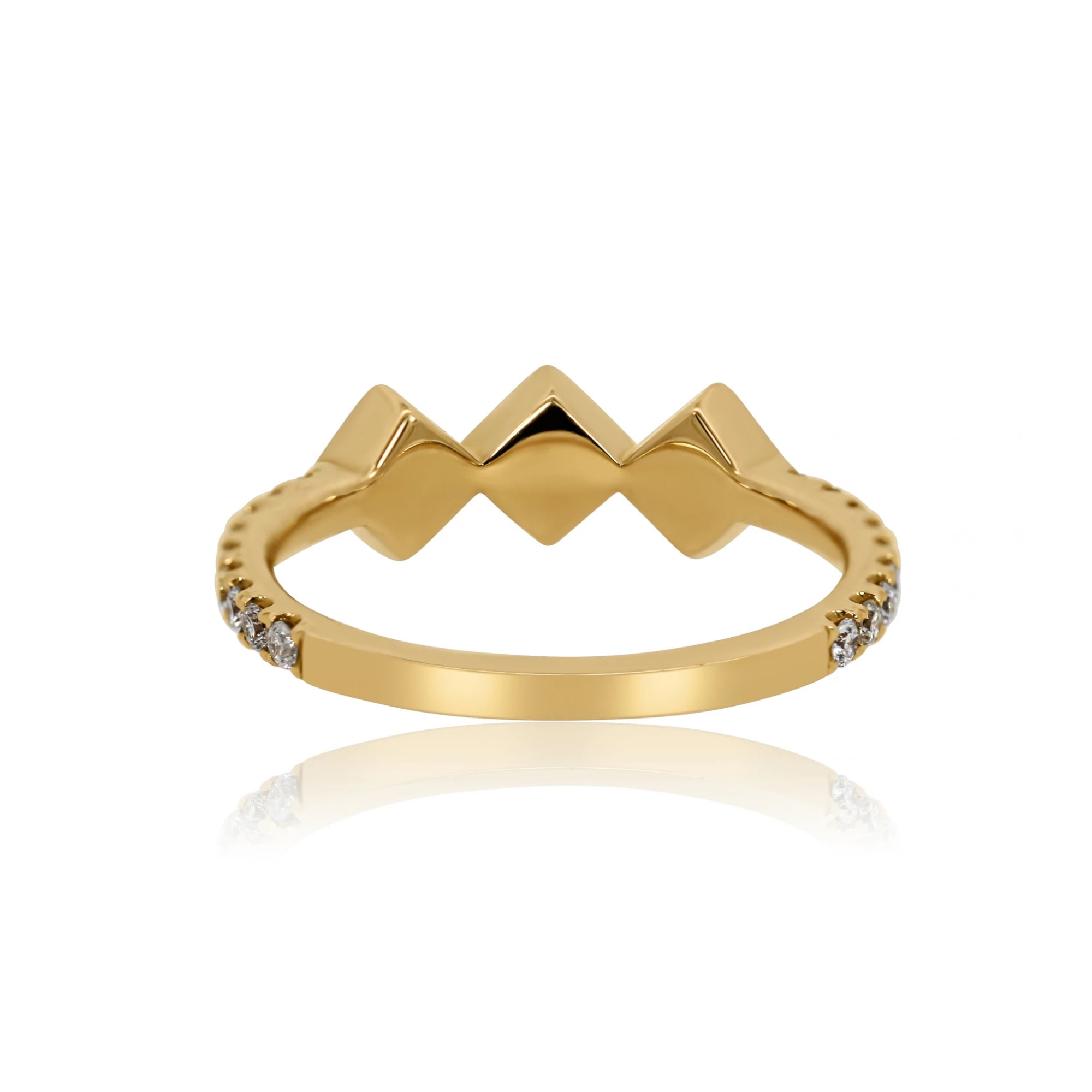 Back of three stone diamond band showing polished geometric gold frames and slim 14K yellow gold shank