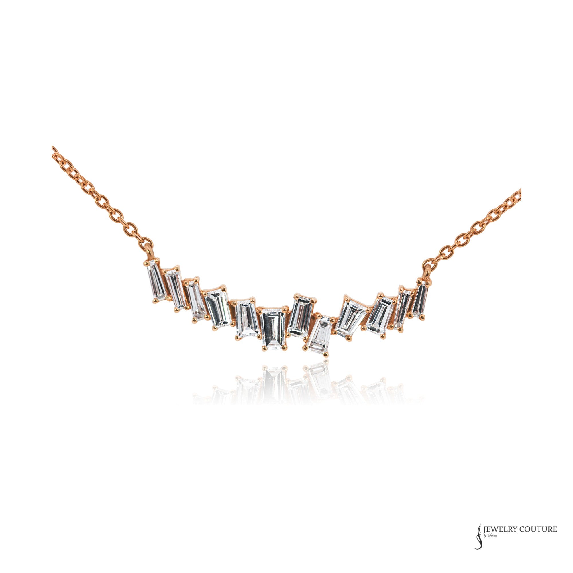 14K rose gold offset baguette diamond bar necklace, 0.66 ctw, front view