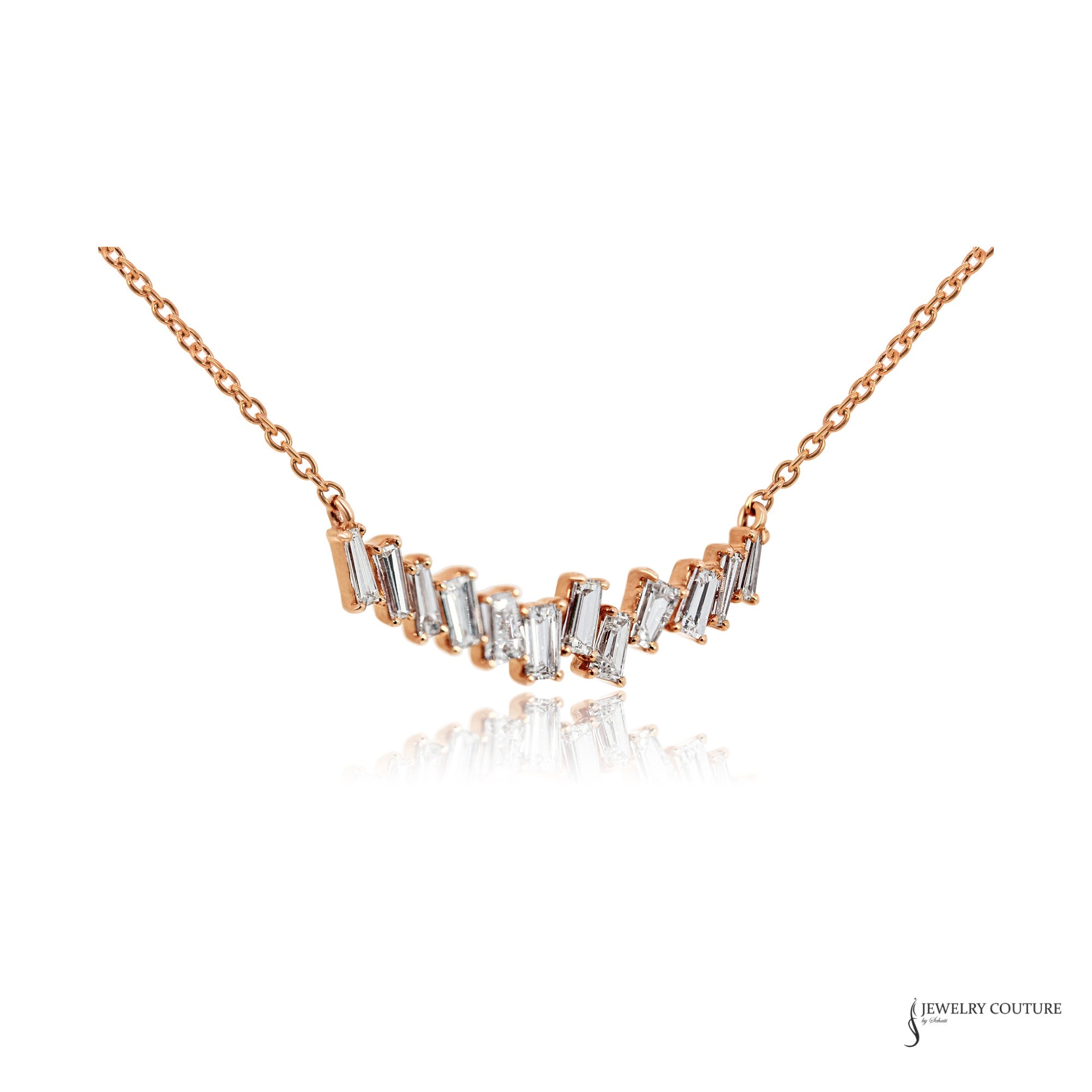 Staggered baguette diamonds in rose gold prongs, angled view