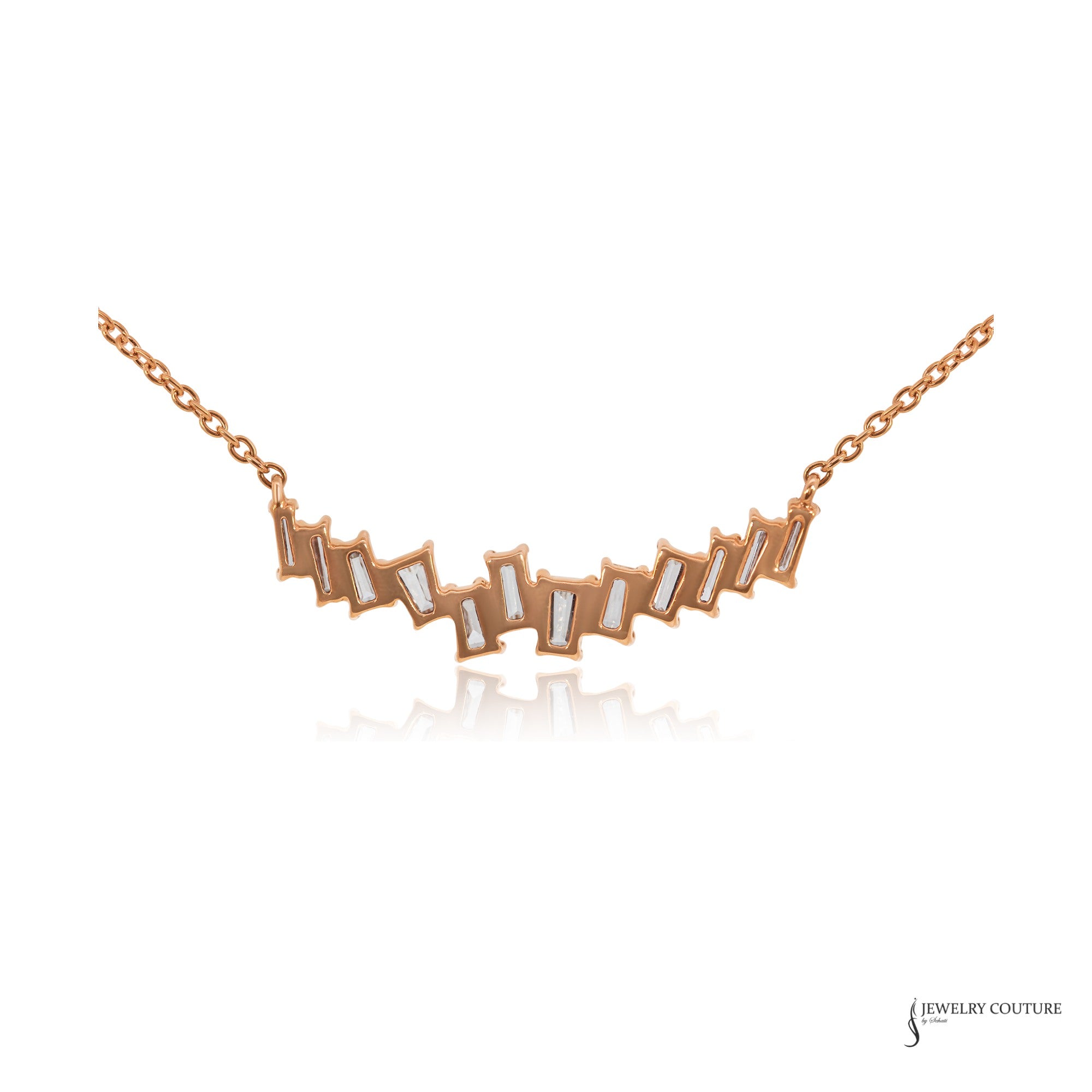 Back of the 14K rose gold offset baguette diamond necklace
