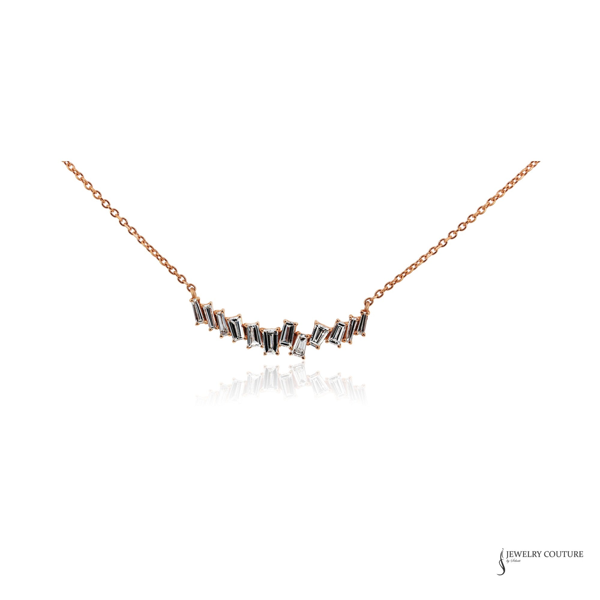 14K rose gold baguette diamond necklace on an adjustable chain