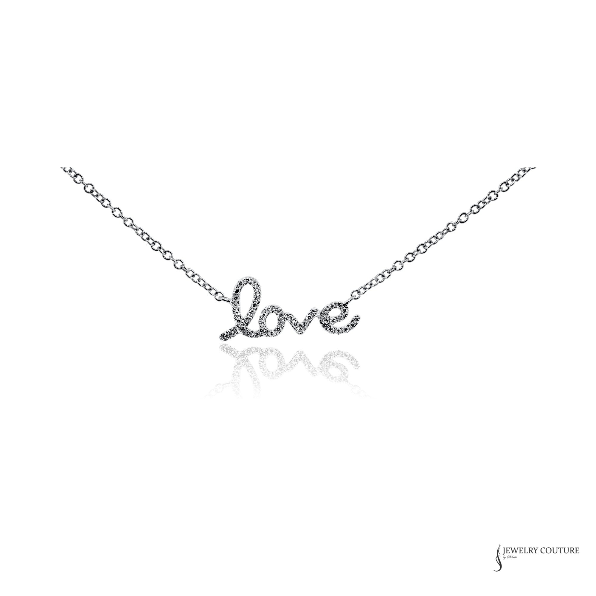 14K white gold love necklace on an adjustable cable chain