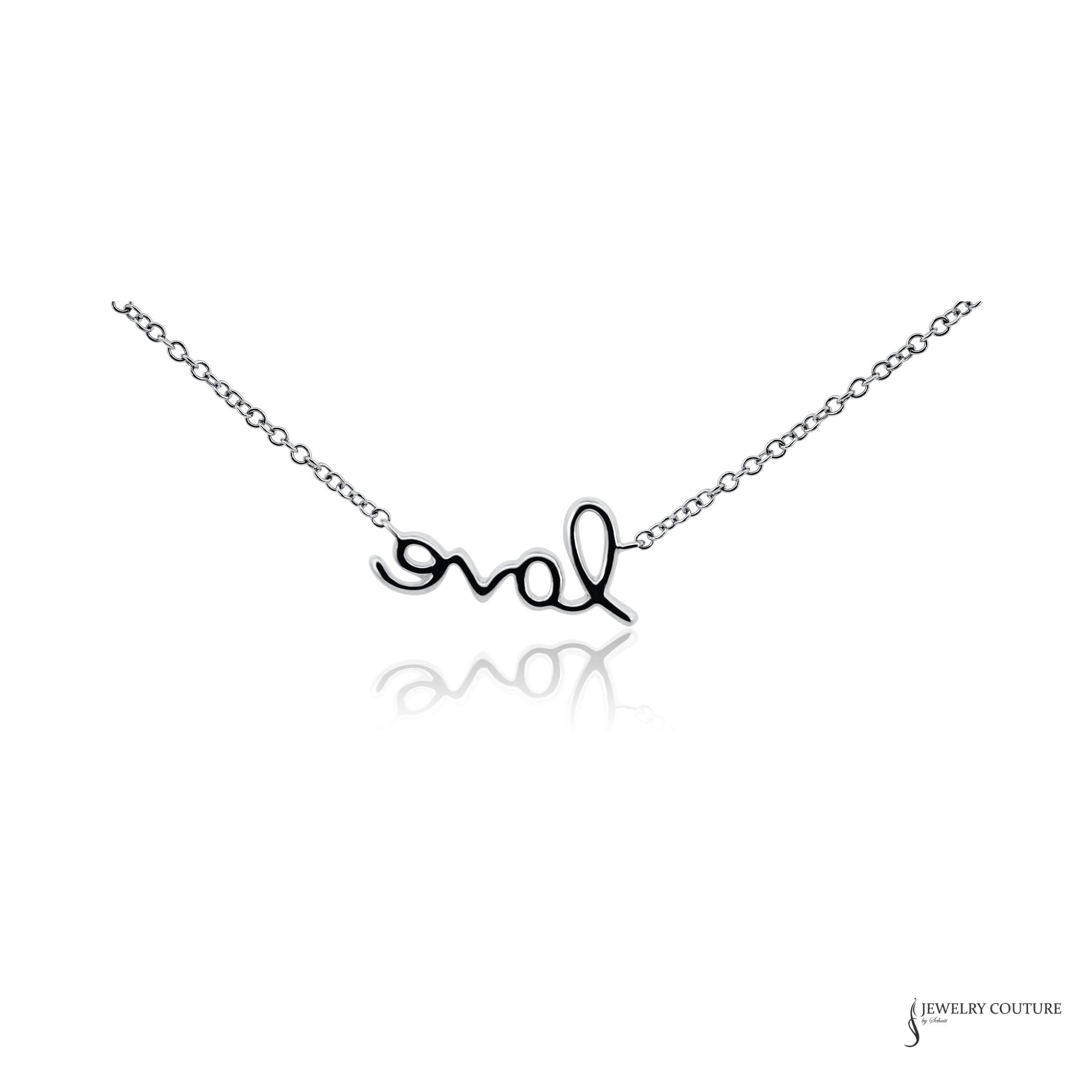 Back of the 14K white gold love script pendant showing the polished finish