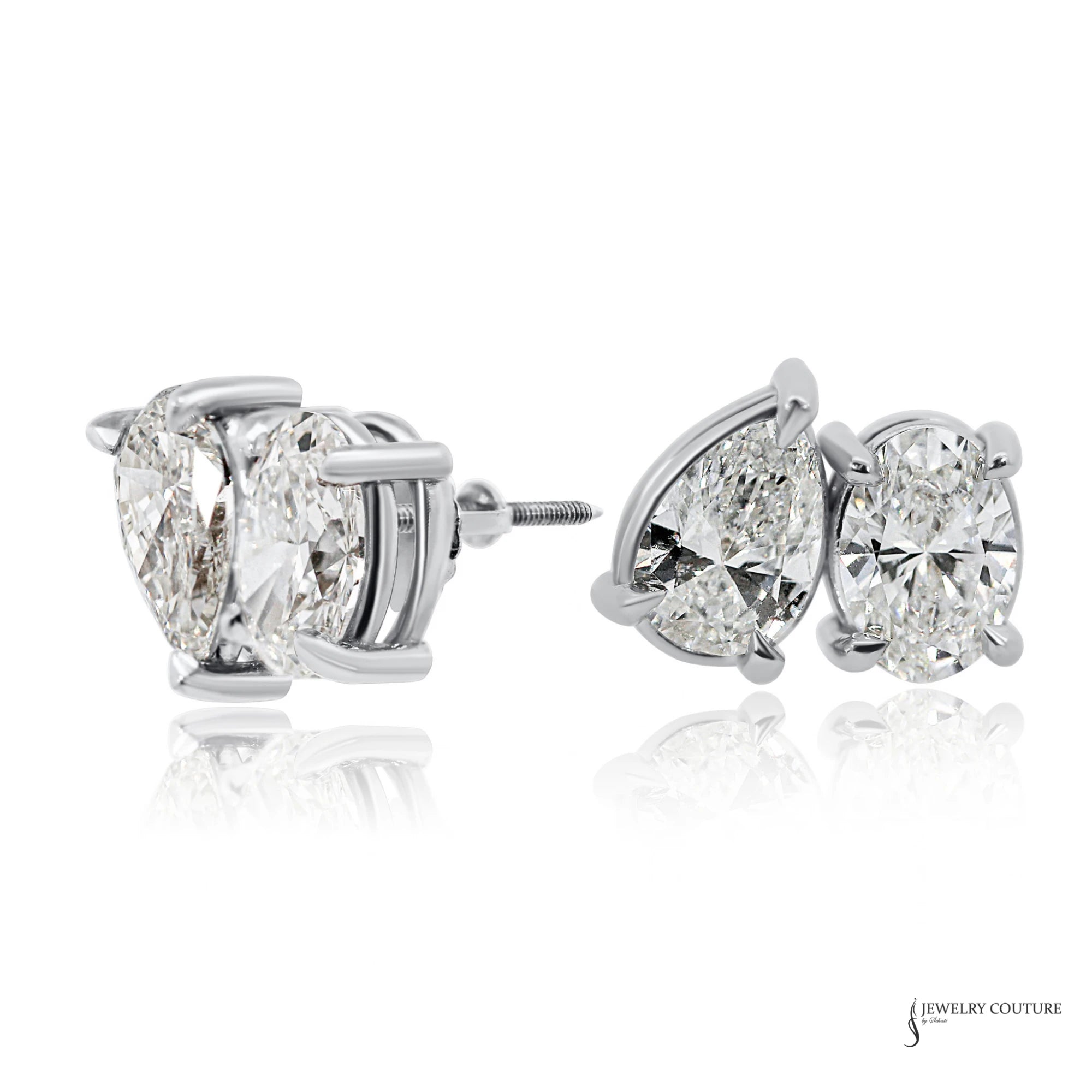 Pear and oval lab grown diamond stud earrings in 14K white gold, angled side view