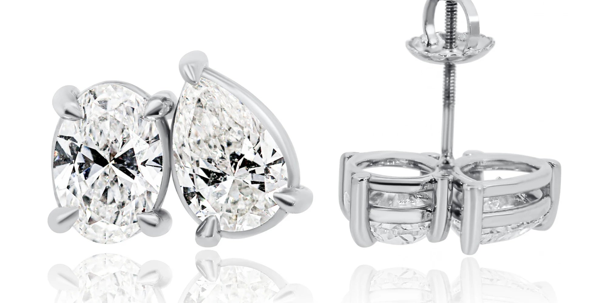 14K white gold lab grown diamond toi et moi stud earrings with pear and oval diamonds, 4.01 ctw, front view