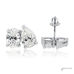 14K white gold lab grown diamond toi et moi stud earrings with pear and oval diamonds, 4.01 ctw, front view