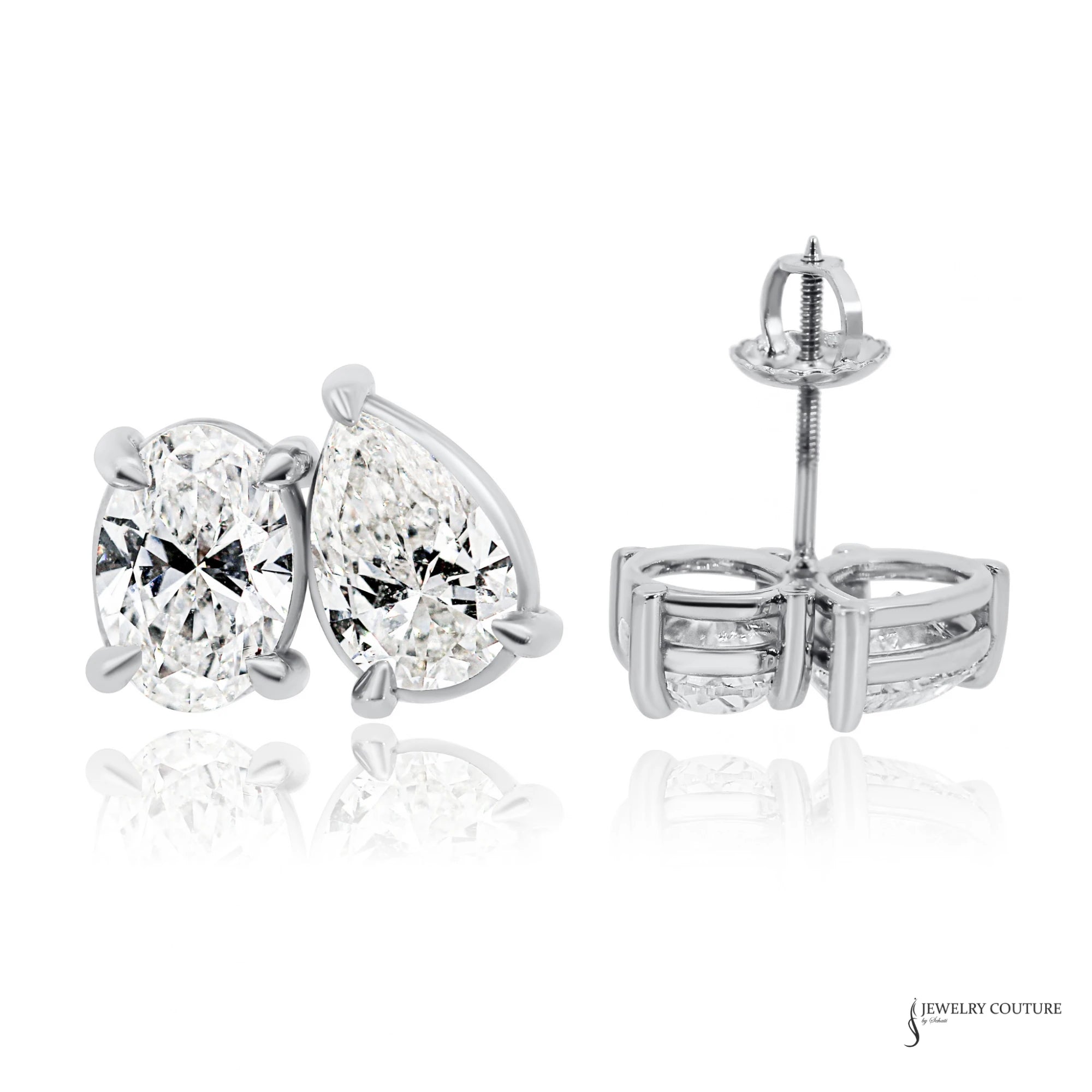 14K white gold lab grown diamond toi et moi stud earrings with pear and oval diamonds, 4.01 ctw, front view