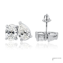 14K white gold lab grown diamond toi et moi stud earrings with pear and oval diamonds, 4.01 ctw, front view