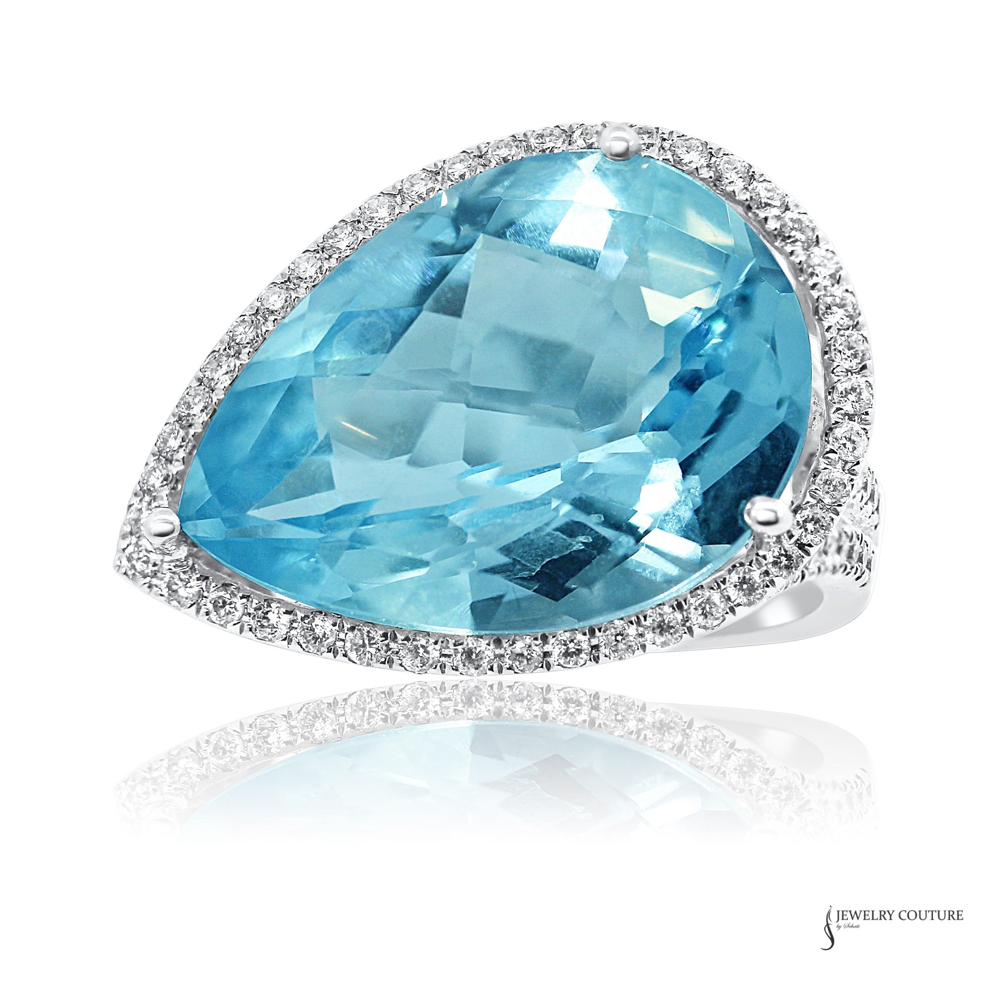 14K white gold pear blue topaz and diamond halo ring, front view