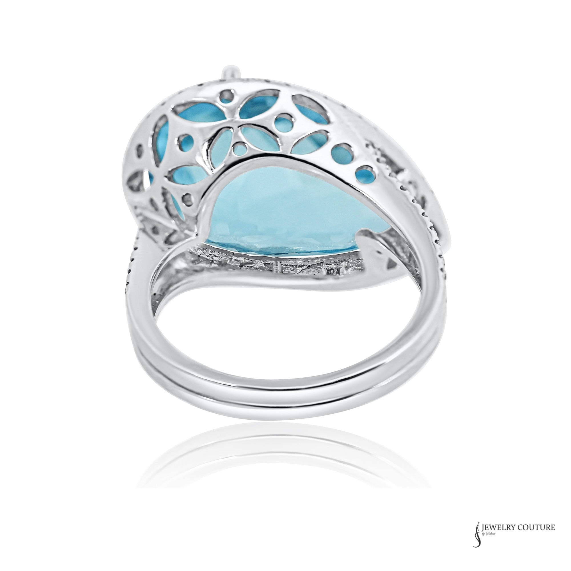 14K white gold pear blue topaz and diamond halo ring, openwork gallery under the stone