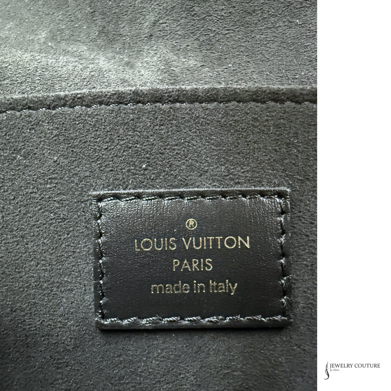 Louis Vuitton label on a textured surface