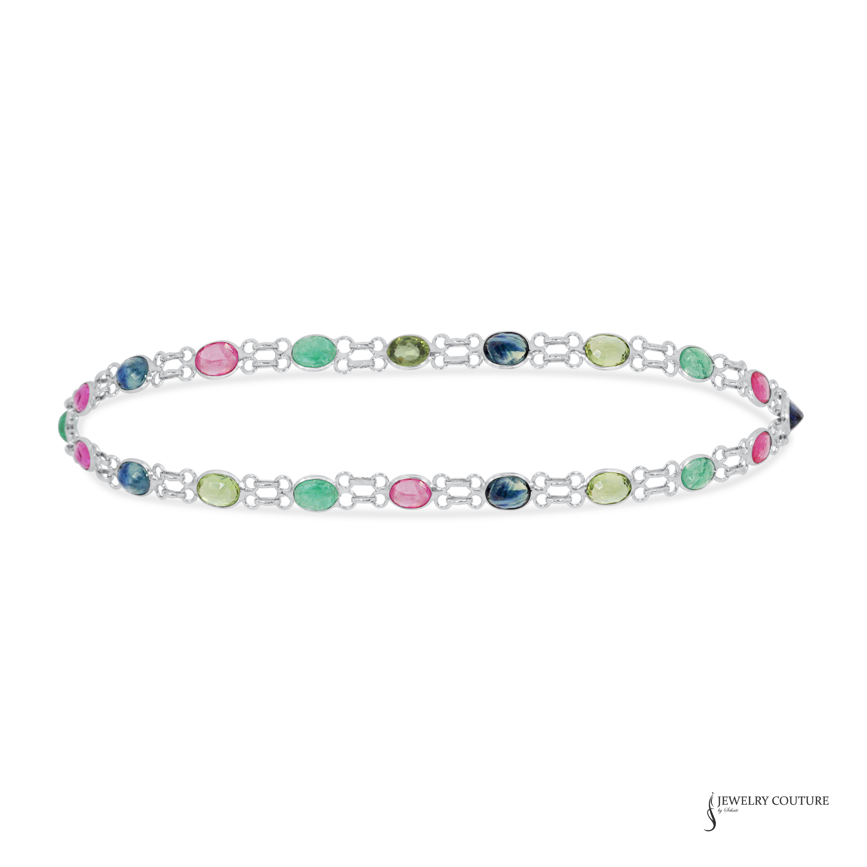 Multicolored gemstone bracelet on a white background with 'Jewelry Couture' branding.