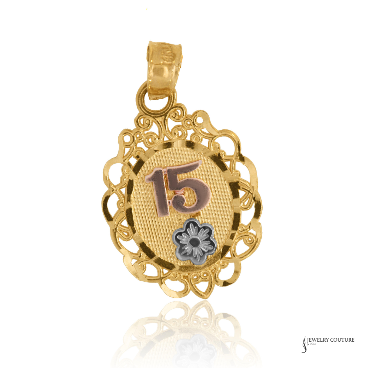 Gold pendant with number 15 and floral design on a white background