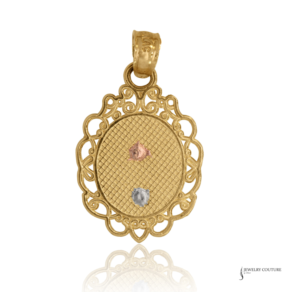 Gold pendant with intricate design and embedded stones on a white background