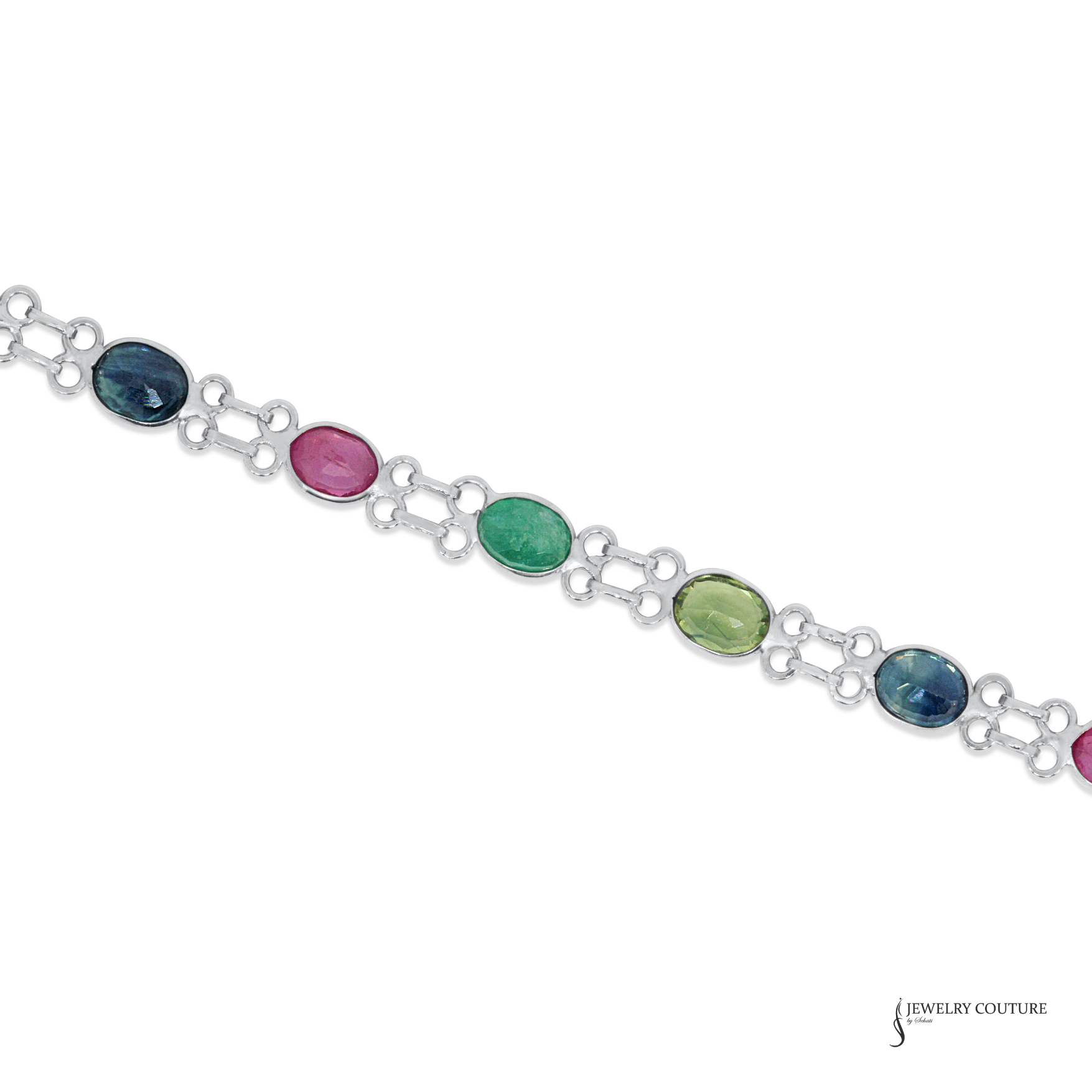 Silver bracelet with multicolored gemstones on a white background