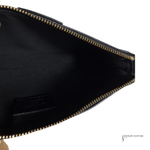 Black pouch with gold zipper on a white background