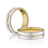 Two gold and silver rings with Verragio branding on a white background