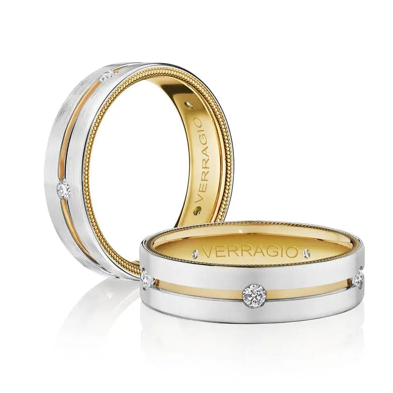Two gold and silver rings with Verragio branding on a white background