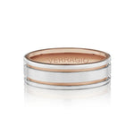 A Verragio men's band ring in two-tone silver and rose gold, featuring a brushed silver center band and polished silver outer edges with a rose gold inner band and top beveled edge.