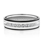 A Verragio men's band ring in polished silver-tone metal with a channel-set row of clear cubic zirconia stones between two inlaid black bands, shown on a white background with a soft reflection.