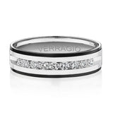 A Verragio men's band ring in polished silver-tone metal with a channel-set row of clear cubic zirconia stones between two inlaid black bands, shown on a white background with a soft reflection.
