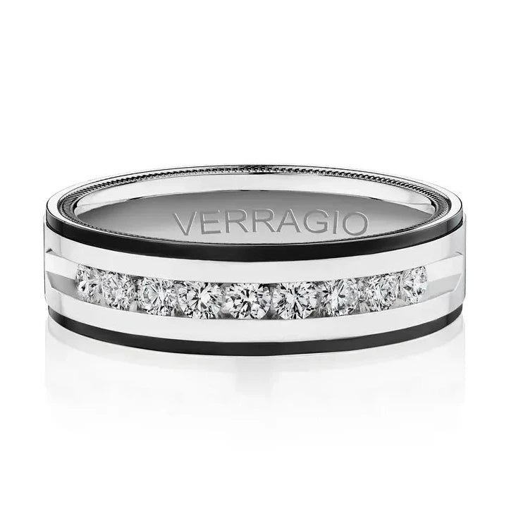 A Verragio men's band ring in polished silver-tone metal with a channel-set row of clear cubic zirconia stones between two inlaid black bands, shown on a white background with a soft reflection.