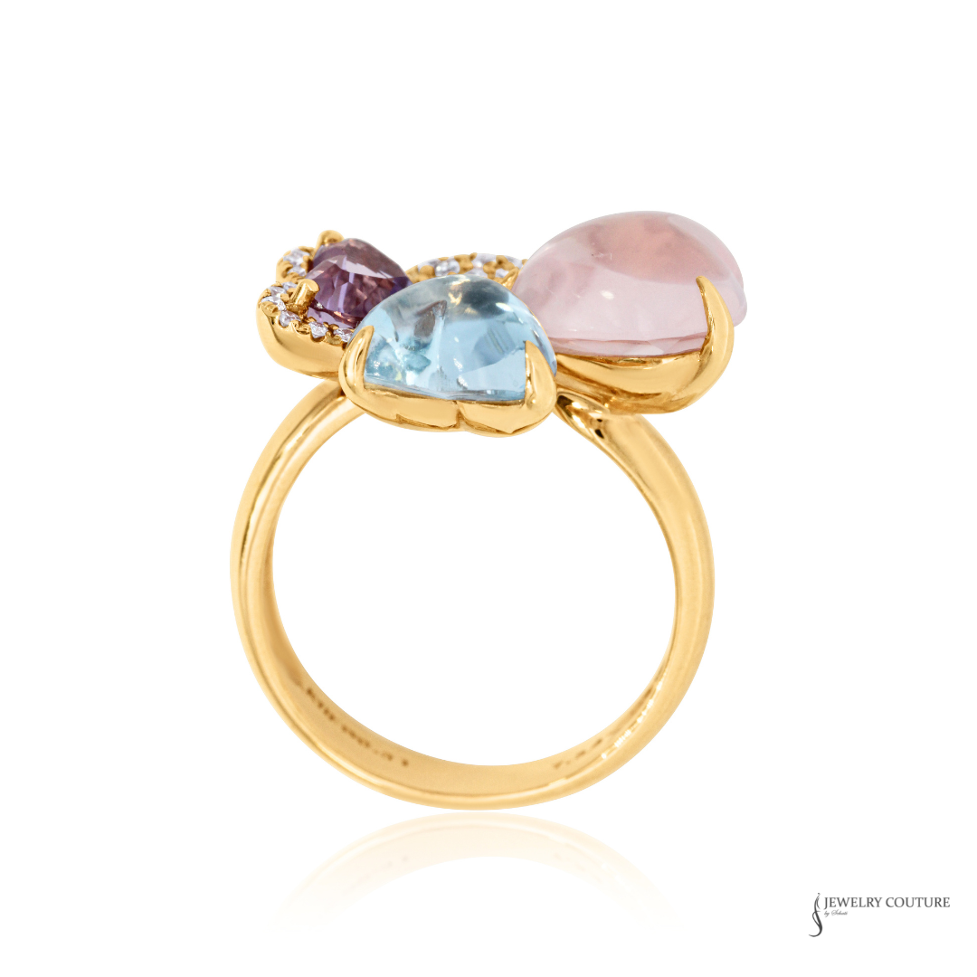 Gold ring with multicolored gemstones on a white background