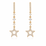 A pair of gold drop earrings featuring a vertical bar studded with small clear stones, three small star-shaped motifs, and a larger five-pointed star at the bottom, also paved with clear stones, shown on a white background.