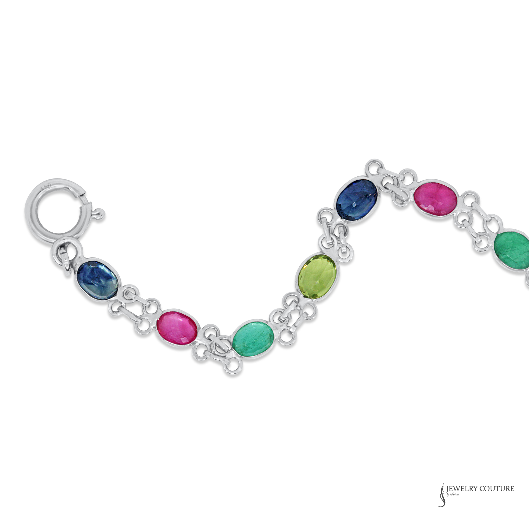 Silver bracelet with multicolored gemstones on a white background