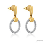 Diamond circle drop earrings in 18K yellow and white gold, angled view showing posts