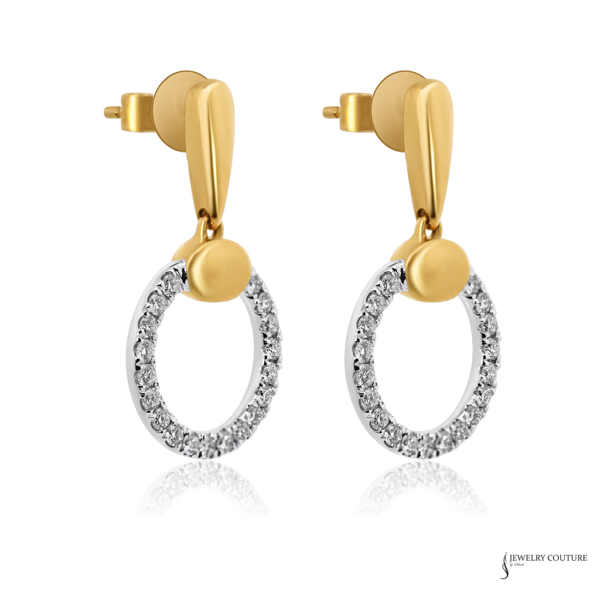 Diamond circle drop earrings in 18K yellow and white gold, angled view showing posts