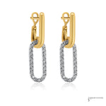 Diamond paperclip link earrings in 18K yellow and white gold, angled view