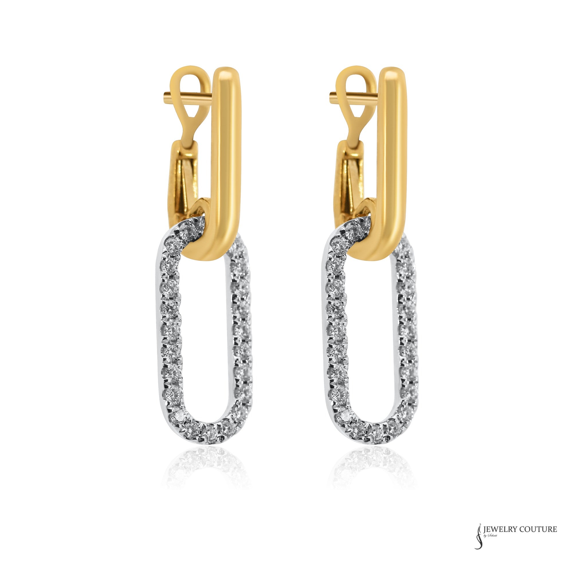 Diamond paperclip link earrings in 18K yellow and white gold, angled view