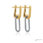 18K two-tone diamond link earrings showing hinged latch closure