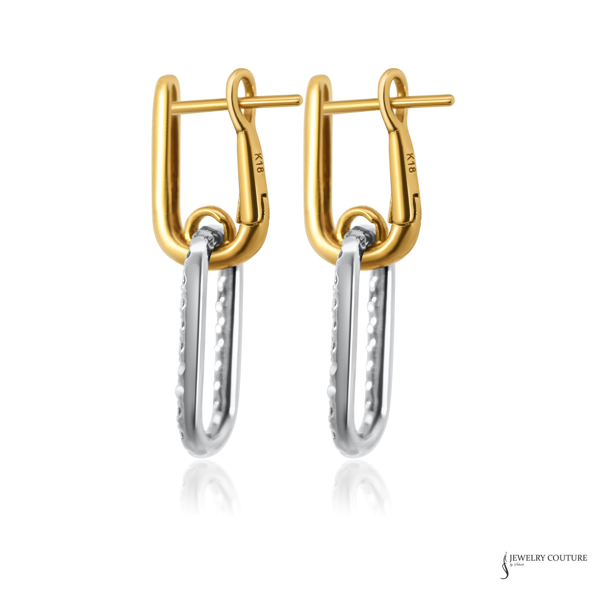 18K two-tone paperclip diamond earrings, side profile