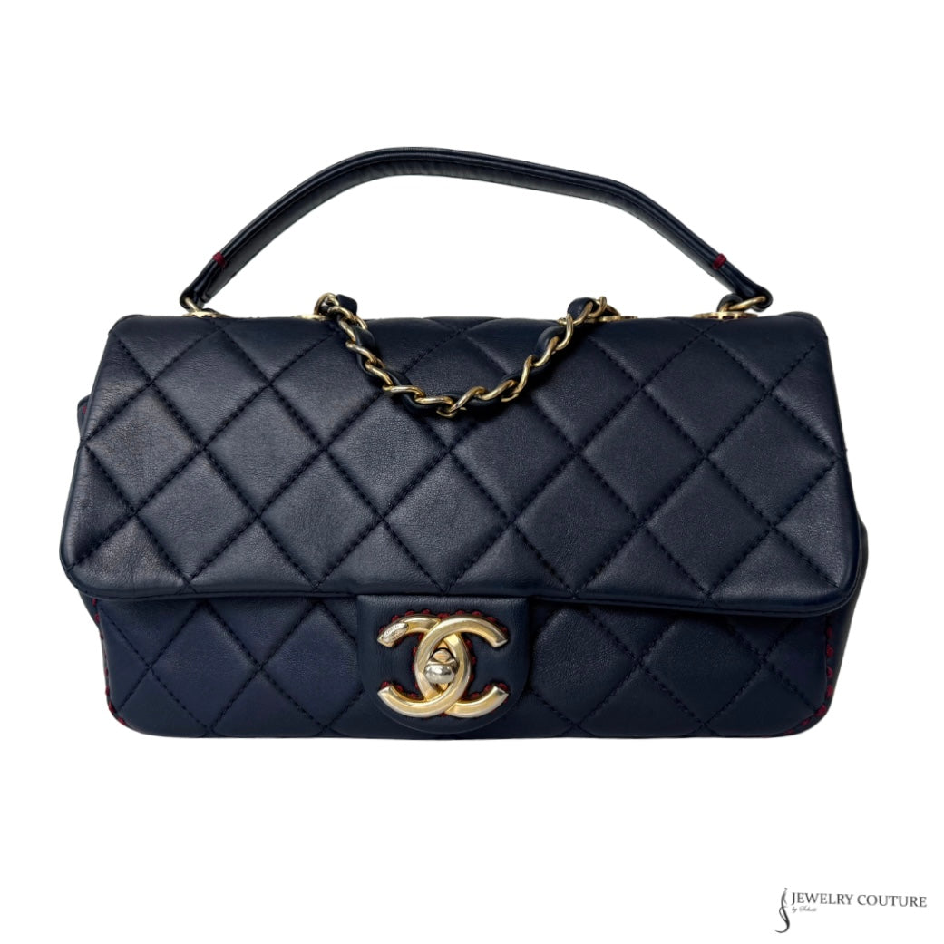Pre-owned Chanel quilted lambskin single flap bag with CC turn-lock and chain top handle, front view