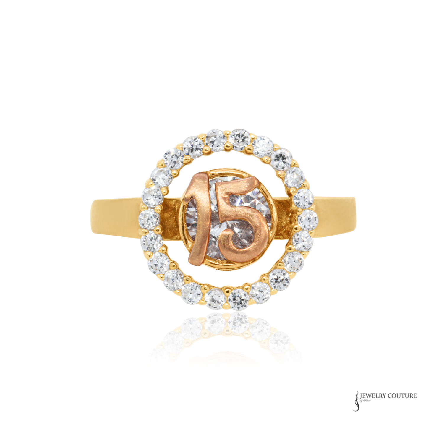 Gold ring with '15' design on a white background