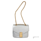 Celine Silver Quilted C Bag – Pre-Owned Calfskin Leather Shoulder Bag with Gold Chain | Authentic Designer Handbag | Luxury Celine Crossbody Purse
