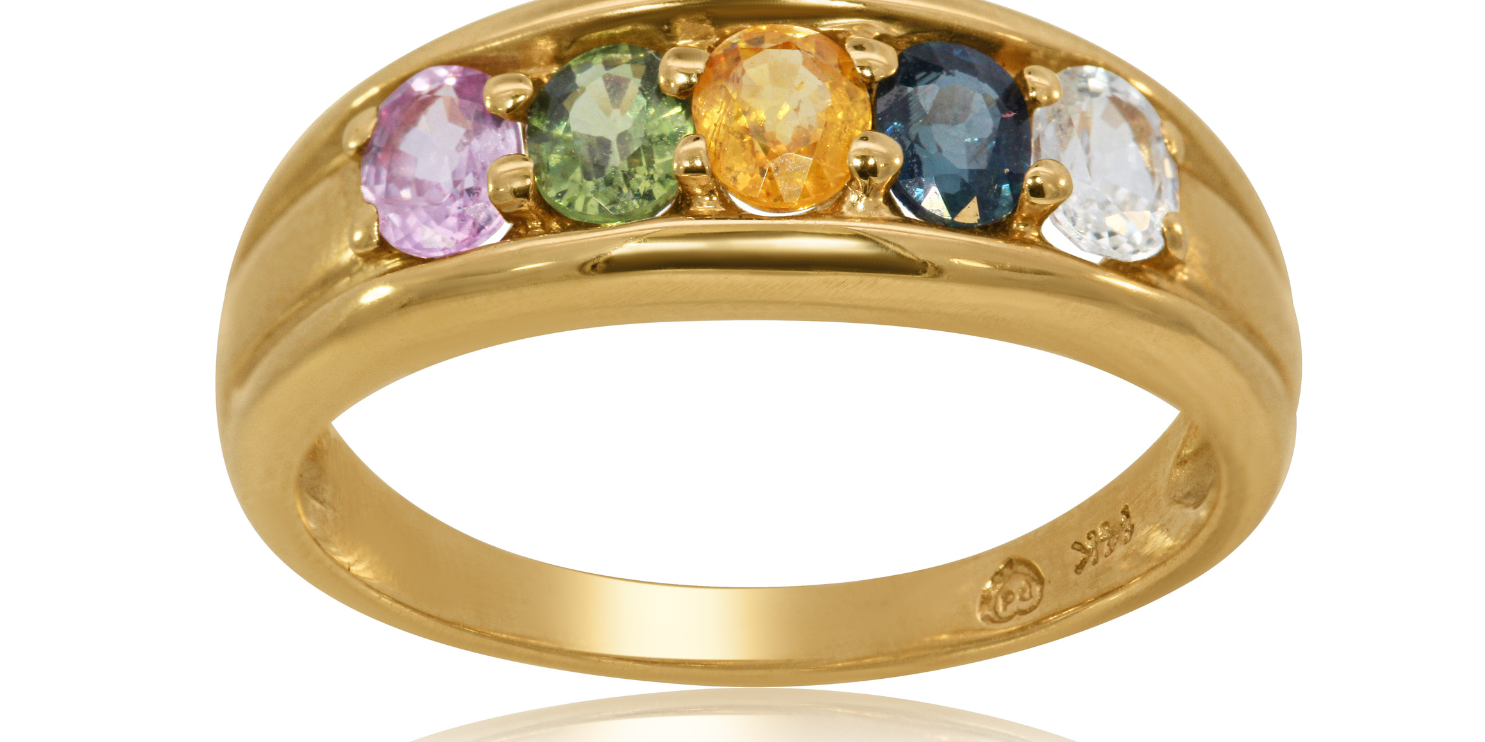 14K Yellow Gold Multi-Gemstone Color Sapphires Band Ring – Rainbow Gemstone Ring with Pink, Green, Yellow, Blue & White Stones | Fine Jewelry 