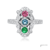 18K White Gold Multi-Gemstone Ring – Emerald, Blue Topaz & Pink Tourmaline with Diamond Halo | Luxury Fine Jewelry Statement Ring | Size 6.5