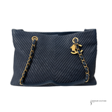 Chanel Grand Navy Blue shopping leather & chain shoulder tote GST - Chevron Pre-Loved